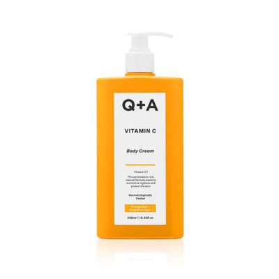 QA Vitamin C Body Cream, with ingredients that promote moisturisation by mirroring the makeup of your skin, brighten skin, even out skin tone, and boost collagen, 250ml