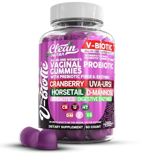 Clean Nutraceuticals Vaginal Probiotics for Women Gummies with Cranberry, Uva Ursi, Horsetail, D-Mannose, Prebiotics Digestive Enzymes, Vaginal Health Supplement for pH Balance Flora Odor VBiotic