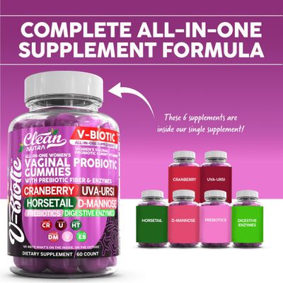 Clean Nutraceuticals Vaginal Probiotics for Women Gummies with Cranberry, Uva Ursi, Horsetail, D-Mannose, Prebiotics Digestive Enzymes, Vaginal Health Supplement for pH Balance Flora Odor VBiotic