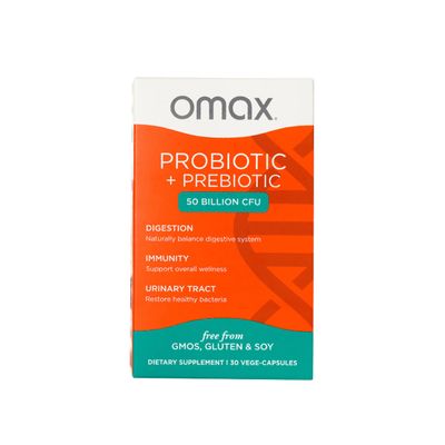 Omax Prebiotic Probiotic 50 Billion CFU Chicory Inulin, 10 Strains, Reduce Bloating, Digestion, SIBO, Leaky Gut, Vaginal pH, Acidophilus, Vegan, Dairy Free, Gluten Free, Blister Packaged