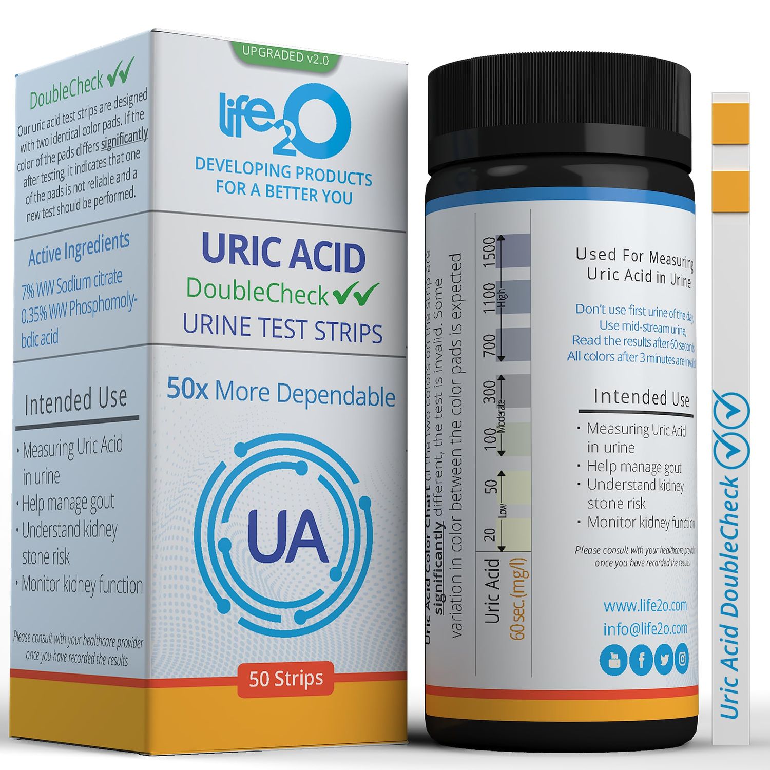 life2O DoubleCheck Uric Acid Urine Test Strips, 50x More Dependable Urinalysis Testing Kit for Gout, Kidney Function, Dietary Intake, Metabolism, Kidney Stones and More