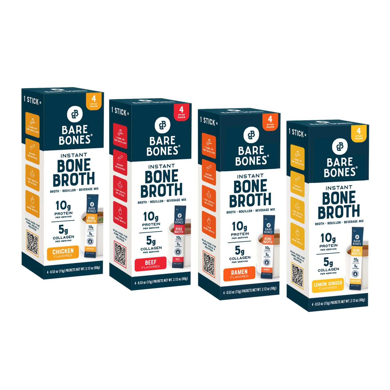 Bare Bones Bone Broth Instant Powdered Mix 4 Beef 4 Chicken 4 Ramen 4 Lemon Ginger Non-GMO Gluten-Free Dairy-Free Keto Paleo Friendly 15g Sticks 10g Protein Variety Pack 16 Pack