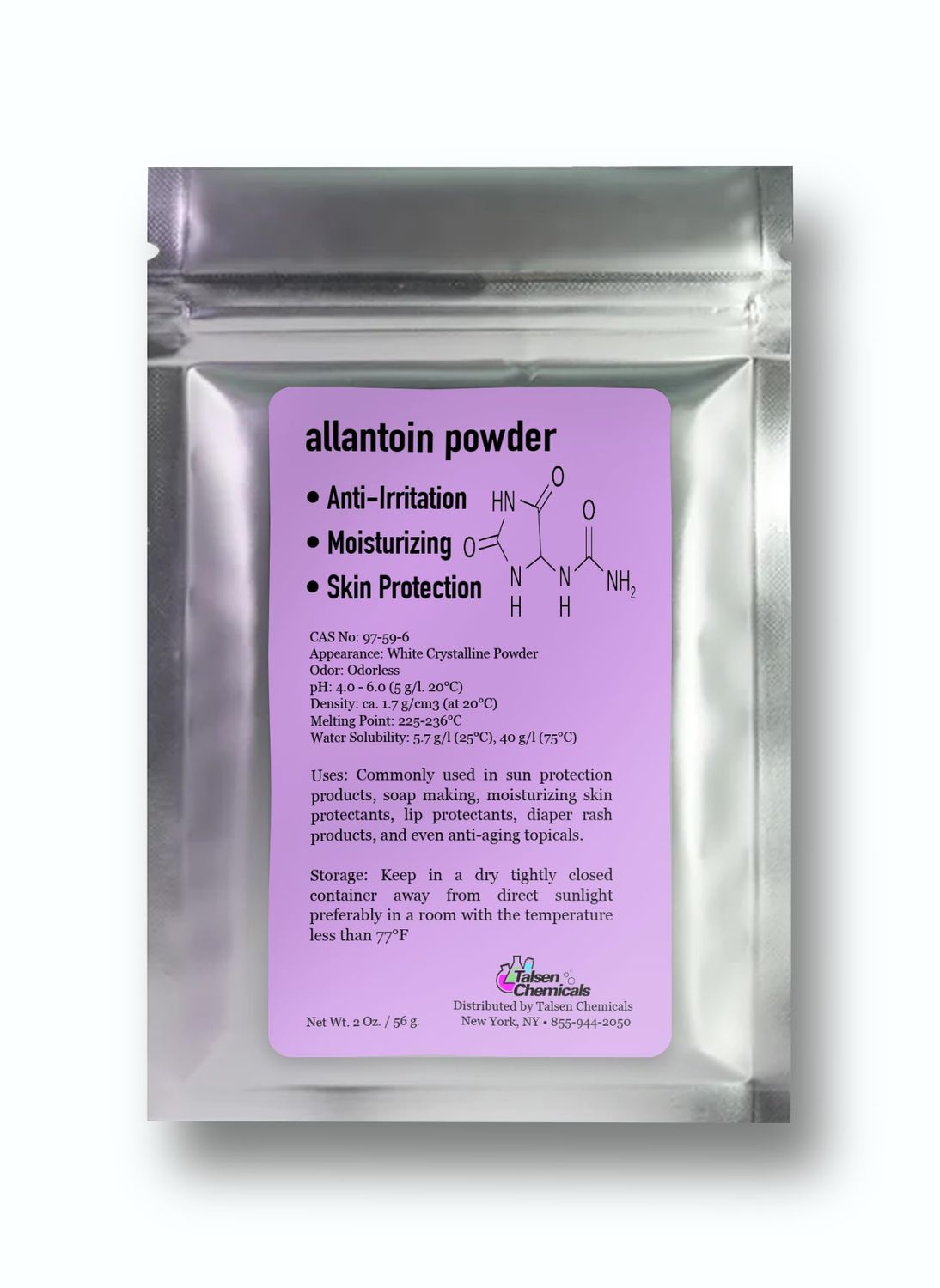 Allantoin Powder 2 Oz Cosmetic Grade for DIY Emulsion Cream Lotion Skin Care (2 oz. 56 Grams), Allantoin Helps to Hydrate The Skin by Talsen Chemicals