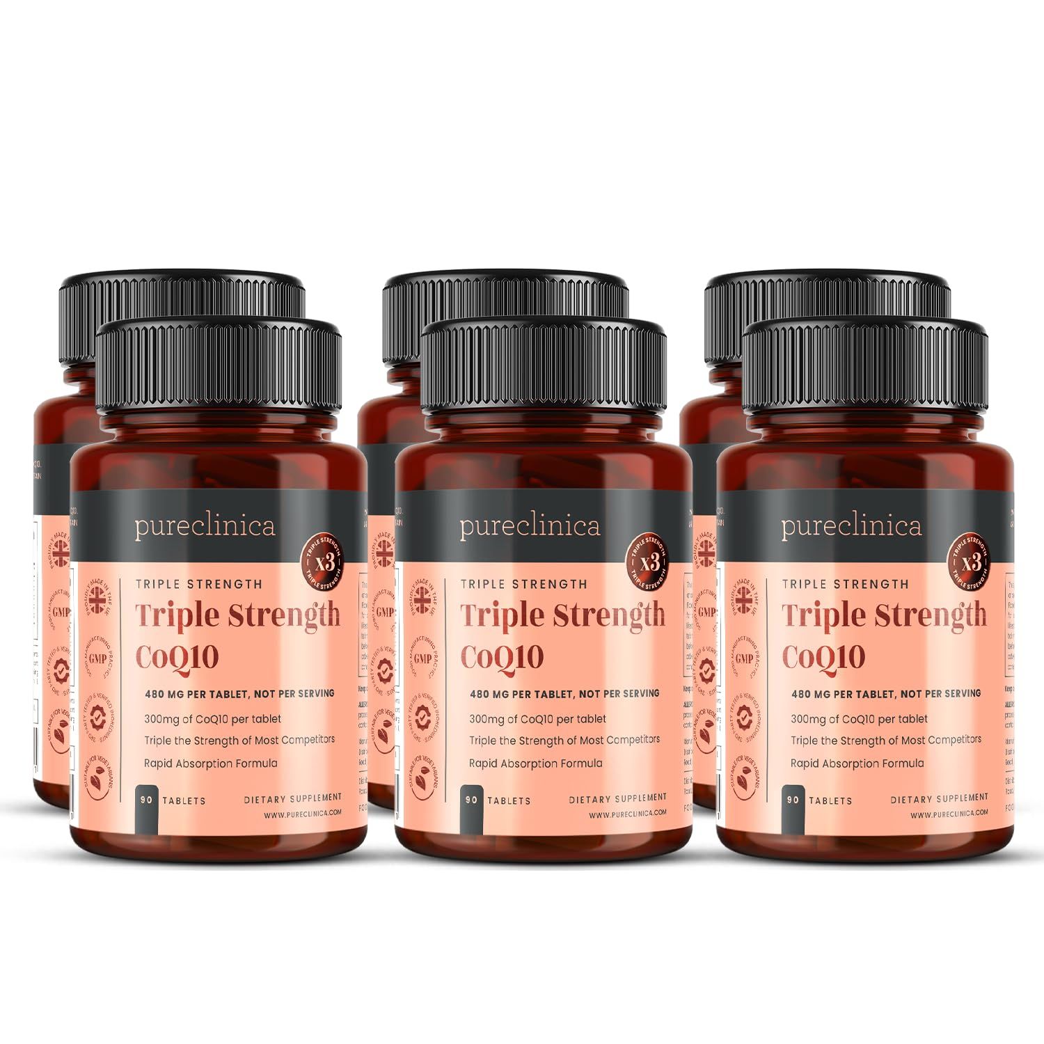 pureclinica CoQ10-300mg x 540 Tablets (6 Bottles with 90 Tablets Each - 18 Months Supply) with Vitamin C and Black Pepper Extract