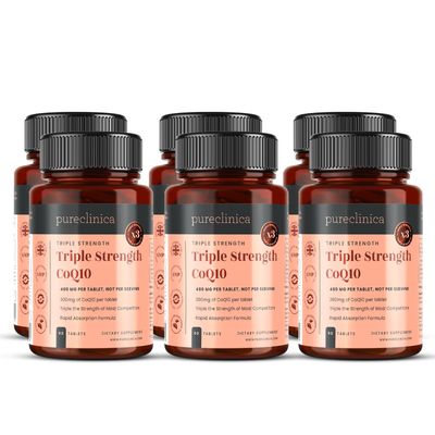 pureclinica CoQ10-300mg x 540 Tablets (6 Bottles with 90 Tablets Each - 18 Months Supply) with Vitamin C and Black Pepper Extract