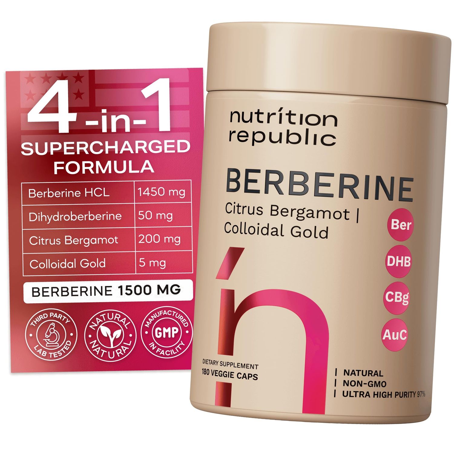 Berberine Supplement 1500mg, Ultra High Potency Berberine Complex with Citrus Bergamot, Colloidal Gold Berberine Hcl, Dihydroberberine Supplement, 180 Veggie Capsules