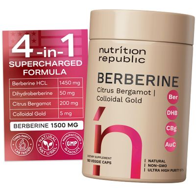 Berberine Supplement 1500mg, Ultra High Potency Berberine Complex with Citrus Bergamot, Colloidal Gold Berberine Hcl, Dihydroberberine Supplement, 180 Veggie Capsules