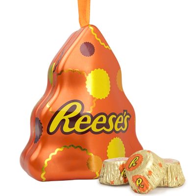 Galerie Reese&#39;s 2024 Christmas Stocking Stuffer, Tree Shaped Tin Ornament Filled with Individually Wrapped Chocolate Peanut Butter Cups, .9 Ounces