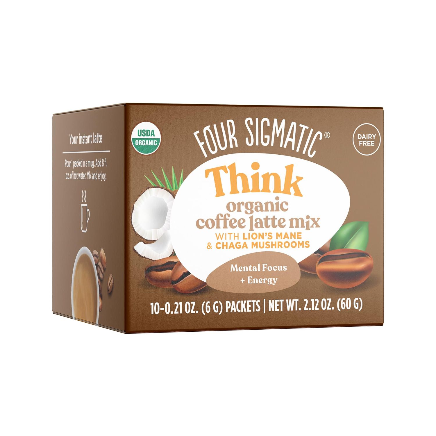 Mushroom Coffee Latte by Four Sigmatic Daily Dose Alternative Organic Instant Coffee Latte Mix with Lion&#39;s Mane, Chaga Mushrooms Coconut Milk Powder Keto Dairy-Free 10 Count