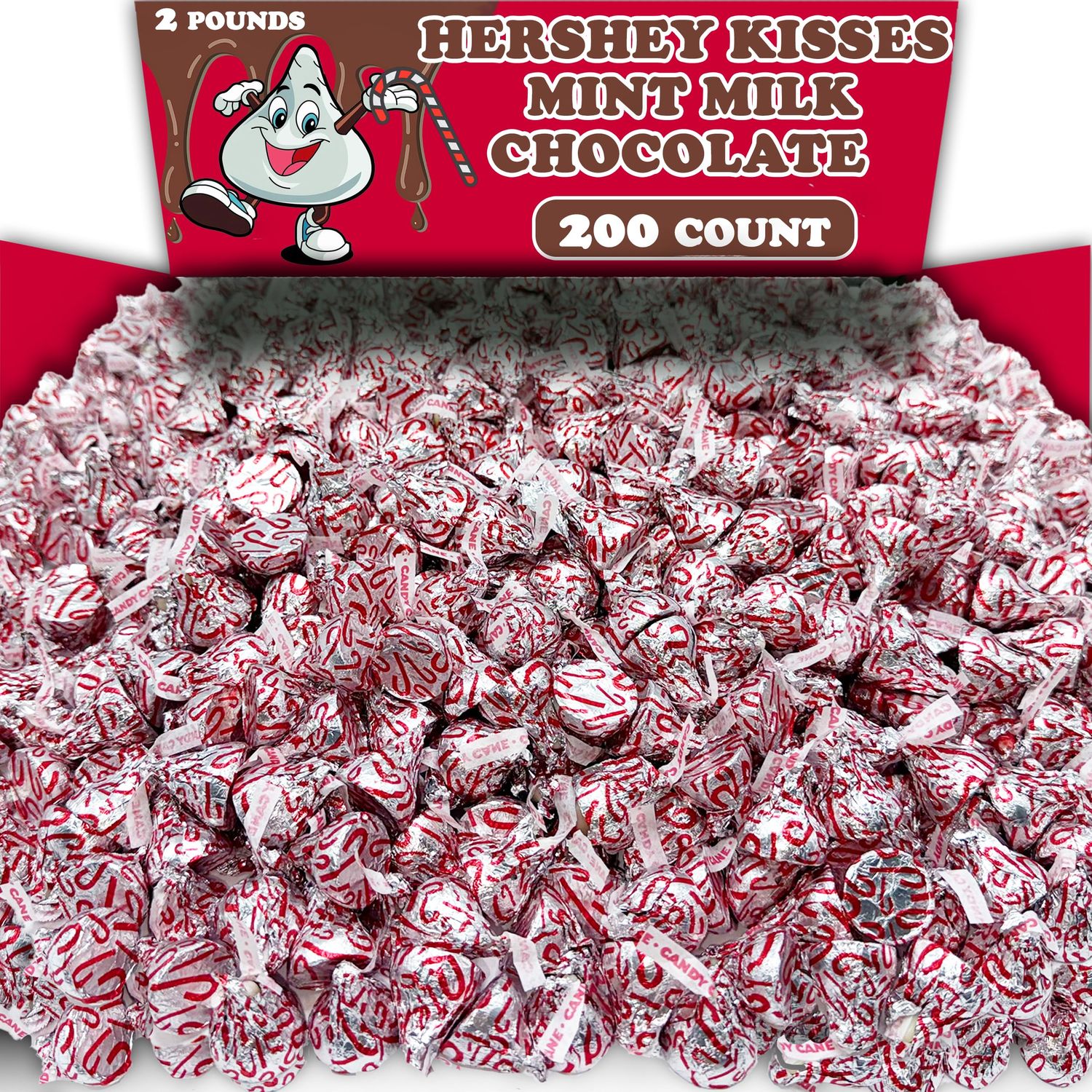 Hershey Candy Cane Kisses Candy, 2 Lbs Bulk, Individually Wrapped Hershey Milk Chocolate Kisses with Candy Cane Bits, for Baking and Winter Celebration Gifts, appx 200 Pieces