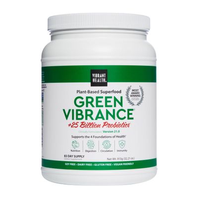 Vibrant Health, Green Vibrance, Includes 65 Plant-Based Superfoods, 25 Billion Probiotics, Fiber, Adaptogens Enzymes, 83 Servings