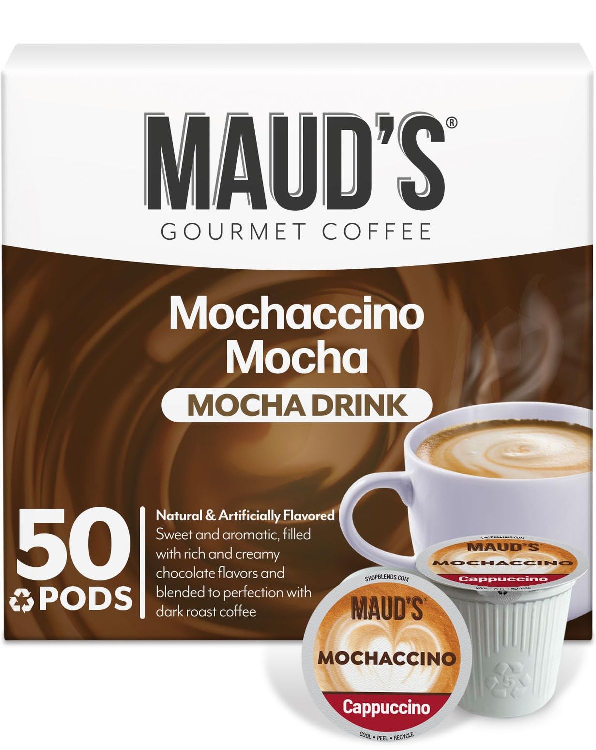 Maud&#39;s Chocolate Mocha Cappuccino Coffee Pods, 50ct - Mochaccino Mocha Flavor - Made with Gourmet Arabica Coffee, Recyclable Pods Compatible with Keurig K Cups Maker