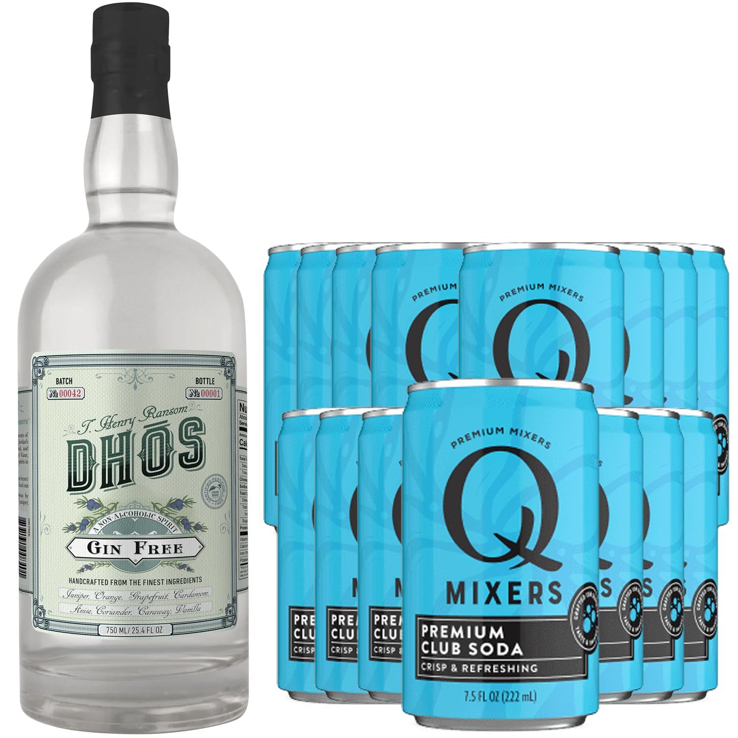 Dhos Handcrafted Non-Alcoholic Gin w 15 Pack Q Mixers Club Soda - Keto-Friendly, Zero Sugar, Zero Calories, Zero Proof - 750 ML - Perfect for Mocktails - Made in USA