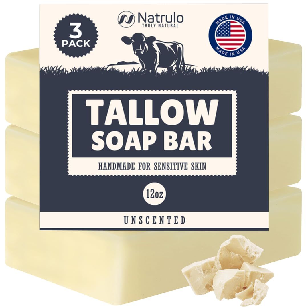 Beef Tallow Soap Bar - All Natural Grass Fed Tallow Soap Unscented - Moisturizing Face Body Wash Great for Eczema, Dry, Itchy, Sensitive Skin - Handcrafted Bath Soap for Adults, Kids, Made in USA