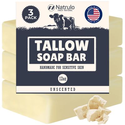Beef Tallow Soap Bar - All Natural Grass Fed Tallow Soap Unscented - Moisturizing Face Body Wash Great for Eczema, Dry, Itchy, Sensitive Skin - Handcrafted Bath Soap for Adults, Kids, Made in USA