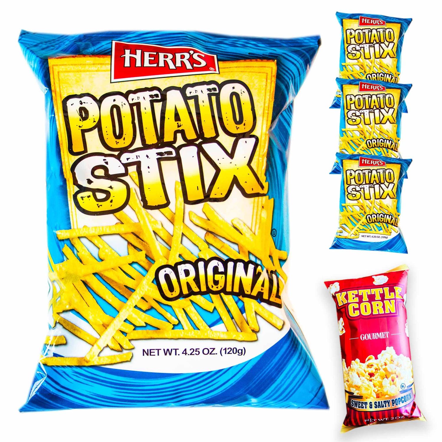 Potato Stix (4, 4.25oz bags) - Sweet and Salty Kettle Popcorn (2oz) - Gourmet Snack Bundle - 5 Items