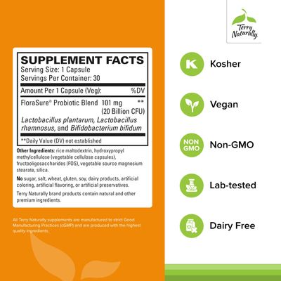 Terry Naturally FloraSure Probiotic - Digestion Supplement to Aid Against Occasional Bloating Support Gas Relief - Gut Health Support Supplement with Bifidobacterium Bifidum - 30 Capsules