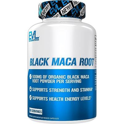 Evlution Nutrition Black Maca Root - Energy Support - 500mg Organic Black Maca Root Powder - Workout Supplement - Vegetarian Capsules - for Strength Performance Stamina - 60 Servings