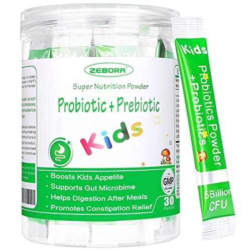 ZEBORA Kids Probiotic Prebiotics Powder Age 3 Support Children&#39;s Digestive Immune System with Natural Source, Promotes Constipation Relief, Non-GMO, Gluten-Free, 30 Packets with 5 Billion CFUs