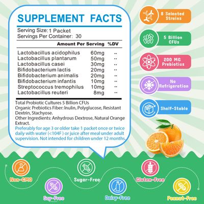 ZEBORA Kids Probiotic Prebiotics Powder Age 3 Support Children's Digestive Immune System with Natural Source, Promotes Constipation Relief, Non-GMO, Gluten-Free, 30 Packets with 5 Billion CFUs