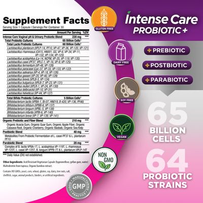 Vital Planet - Intense Care Vaginal pH Urinary Probiotics for Women Plus Organic Prebiotics, Postbiotics, and Parabiotics, 65 Billion CFU and 64 Strains, Immune and Digestive Health 30 ct
