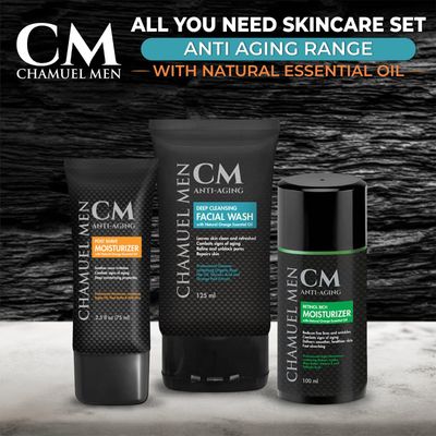 CHAMUEL MEN All You Need Daily Skincare Set for Men Includes Anti-Aging Facial Wash Post Shave Moisturizer Night Moisturizer wRetinol. Organic Key Ingredients! (Includes All 3 Products)