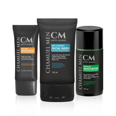 CHAMUEL MEN All You Need Daily Skincare Set for Men Includes Anti-Aging Facial Wash Post Shave Moisturizer Night Moisturizer wRetinol. Organic Key Ingredients! (Includes All 3 Products)