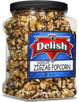 Gourmet Chocolate Drizzle Zigzag Popcorn by It&#39;s Delish - 16 Oz (1 Lb) Jumbo Container Bulk Popcorn - Tasty Snacks with Extra Crunch - Made in the USA - Candy Bar, Party Favors, Weddings, Birthdays