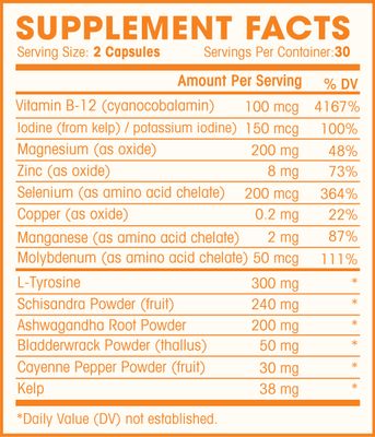 Thyroid Support Complex With Iodine For Energy Levels, Weight Loss, Metabolism, Fatigue Brain Function - Natural Health Supplement Formula: L-Tyrosine, Selenium, Kelp, Bladderwrack, Ashwagandha, etc