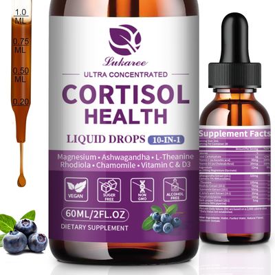 Cortisol Supplement Liquid Drops, 10 in 1 Hormone Balance for Women Men with Magnesium, Ashwagandha, L-theanine, Rhodiola - Lower Cortisol, Mood, Focus, Sleep Support - 2 FL.OZ, Blueberry Flavor