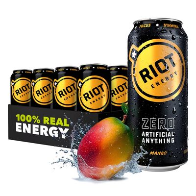 RIOT Clean Energy Drink, Mango, Zero Artificial Anything, No Sucralose, Made with Real Fruit, No Sugar Added, Natural Healthy Energy Stamina Focus, 16 Fl Oz (Pack of 12)