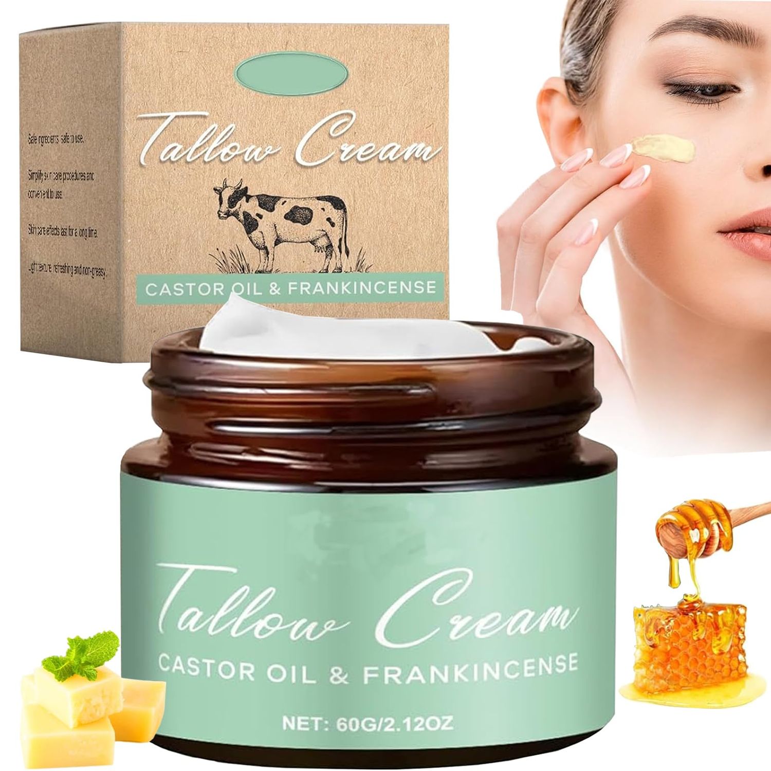 Grass-fed Beef Tallow with Frankincense Oil Castor Oil, 60g Organic Beef Tallow Moisturizer for Skin, Tallow Cream for Face, Body, Hand