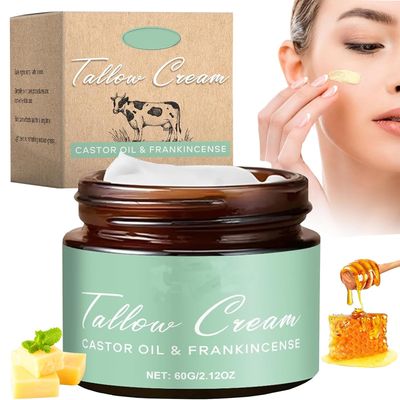 Grass-fed Beef Tallow with Frankincense Oil Castor Oil, 60g Organic Beef Tallow Moisturizer for Skin, Tallow Cream for Face, Body, Hand