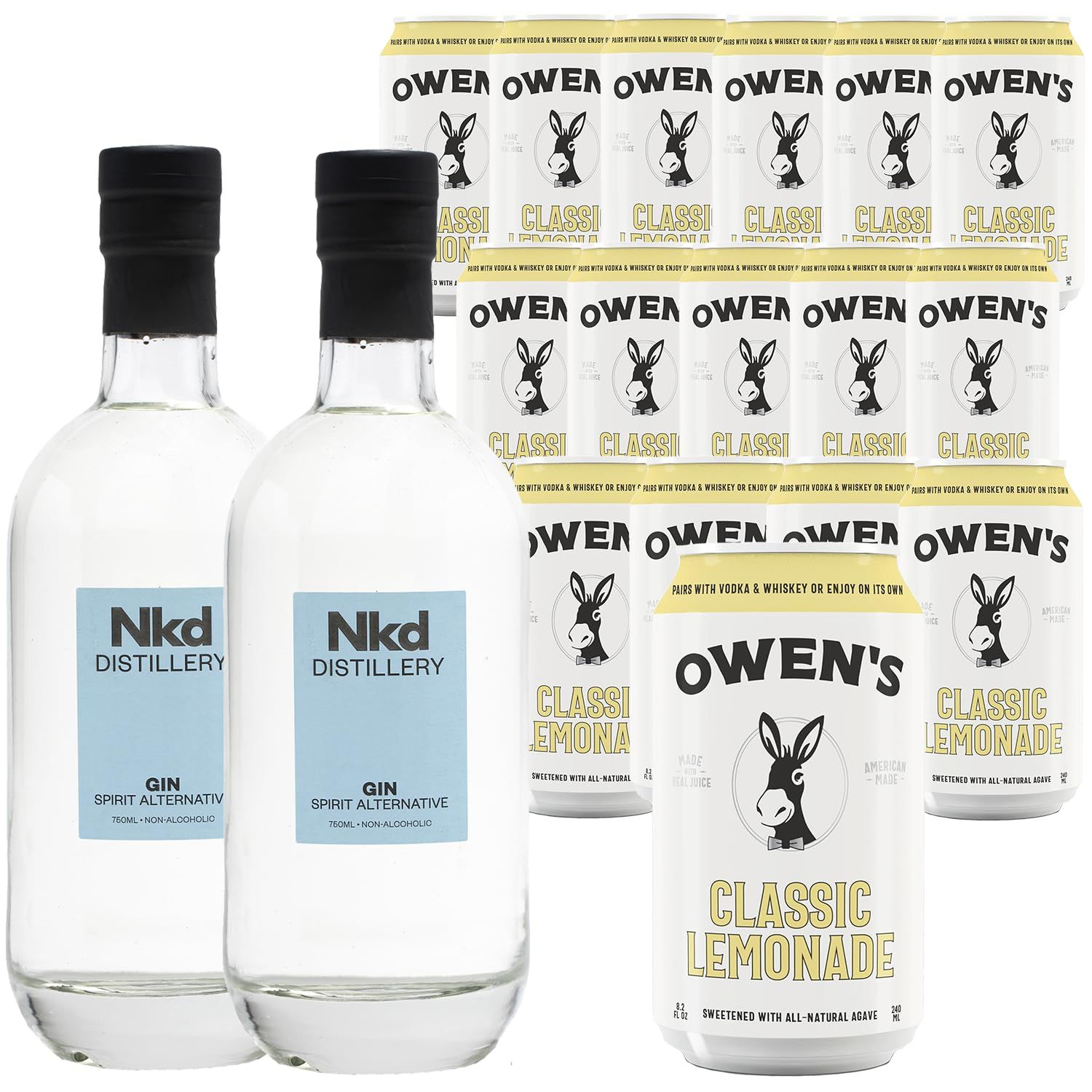 Nkd Distillery Gin Alternative Premium Non-Alcoholic Spirit 750 ML Bottles w Owen s Mixers Lemonade 8.2 OZ Cans - Perfect for Mocktails - Made in USA