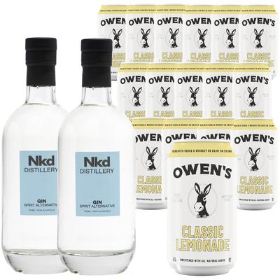 Nkd Distillery Gin Alternative Premium Non-Alcoholic Spirit 750 ML Bottles w Owen s Mixers Lemonade 8.2 OZ Cans - Perfect for Mocktails - Made in USA