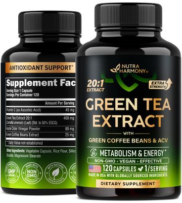 Green Tea Extract Capsules with Green Coffee Beans Apple Cider Vinegar - Energy Metabolism Support - Green Tea Supplement 50 EGCG - 20:1 Natural Extract - for Men Women - 120 Vegan Capsules