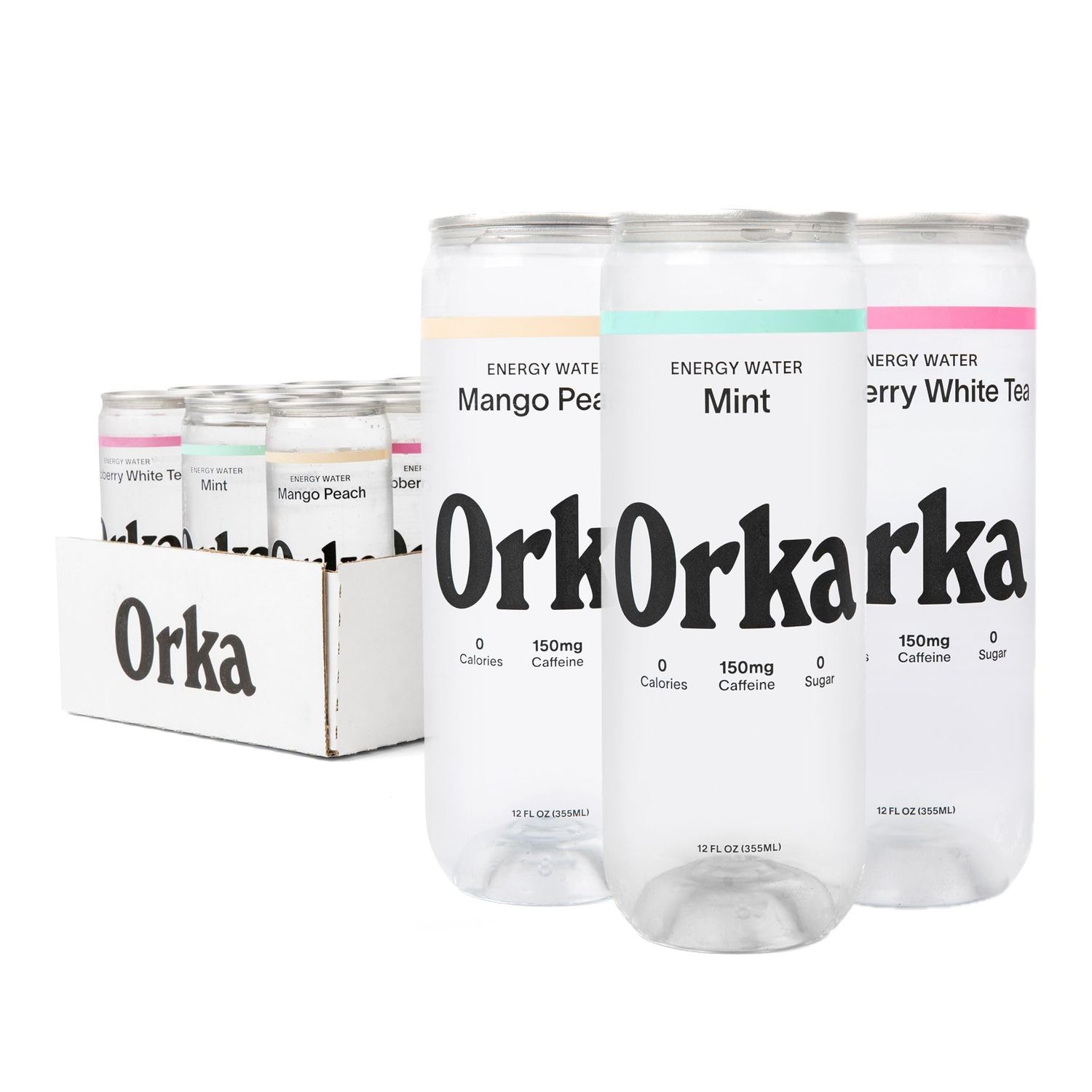Orka Energy Water - Sugar-Free, Zero-Calorie, Non-Carbonated Caffeinated Water (12oz Cans, Variety Pack) 150mg Natural Caffeine Natural L-Theanine for Jitter-Free Focus Energy