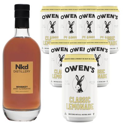 Nkd Distillery Whiskey Alternative Premium Non-Alcoholic Spirit 750 ML Bottles w Owen s Mixers Lemonade 8.2 OZ Cans - Perfect for Mocktails - Made in USA