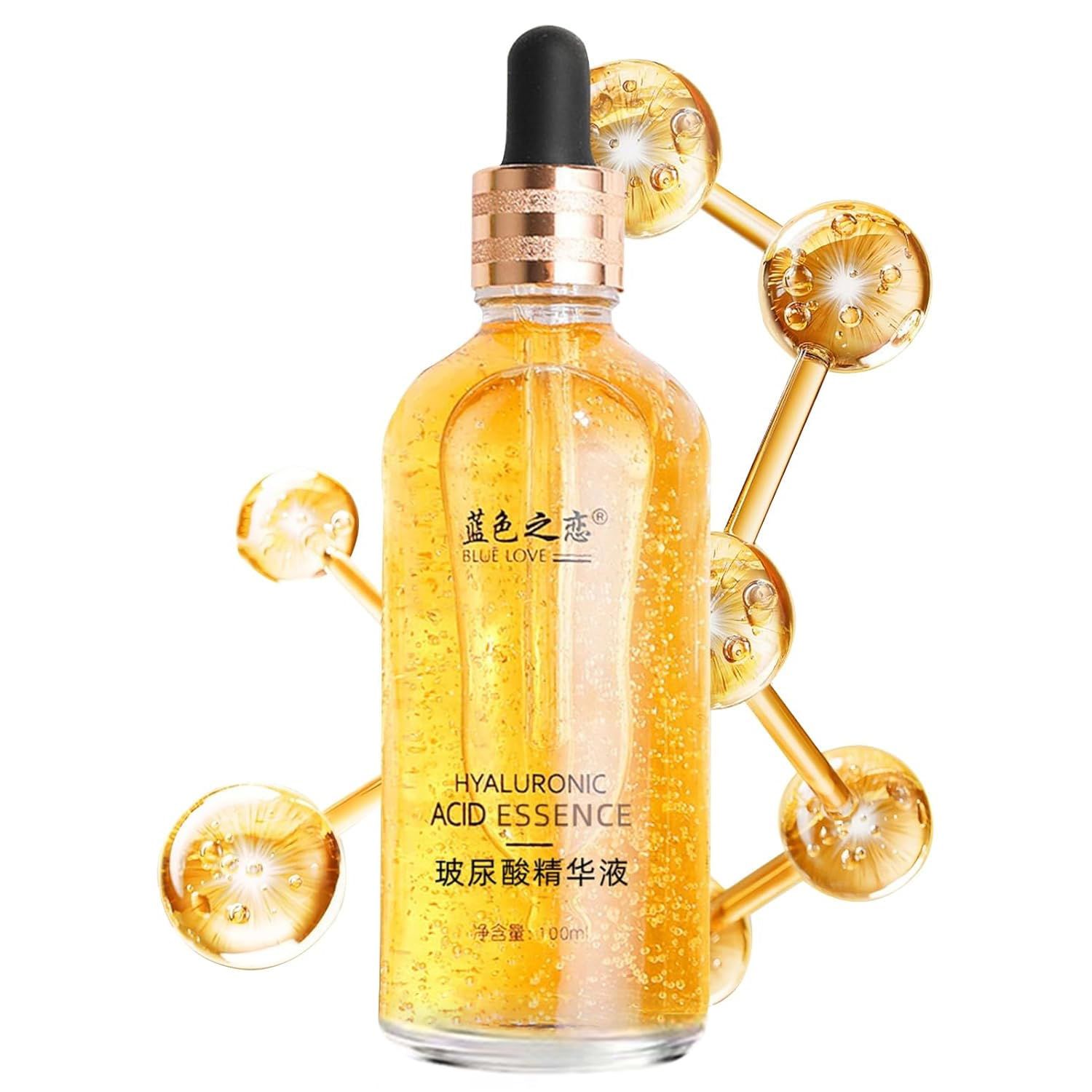 BLUE LOVE 24K Gold Foil Hyaluronic Acid Serum for Women Man - Anti-Aging Essence for Deep Moisturization and Dark Spot Reduction - Radiant Skin Care Solution, 3.38 fl oz