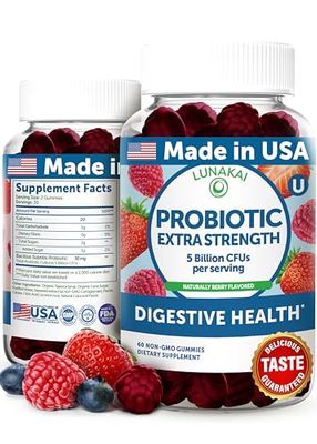 Lunakai USA Made Probiotic Gummies - 5 Billion CFUs, Vegan, Non-GMO, Gluten-Free - Digestive Immune Support for Women Men - 60 Chewable Gummies