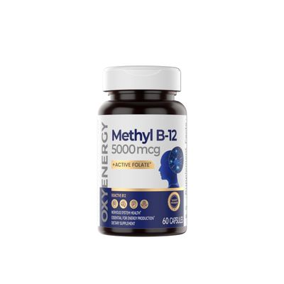OxyEnergy Methyl Vitamin B12 5000mcg, Extra Strength Methylcobalamin B-12 Supplements with Folate, Support Nerves, Energy Metabolism Cognitive,60 Capsules