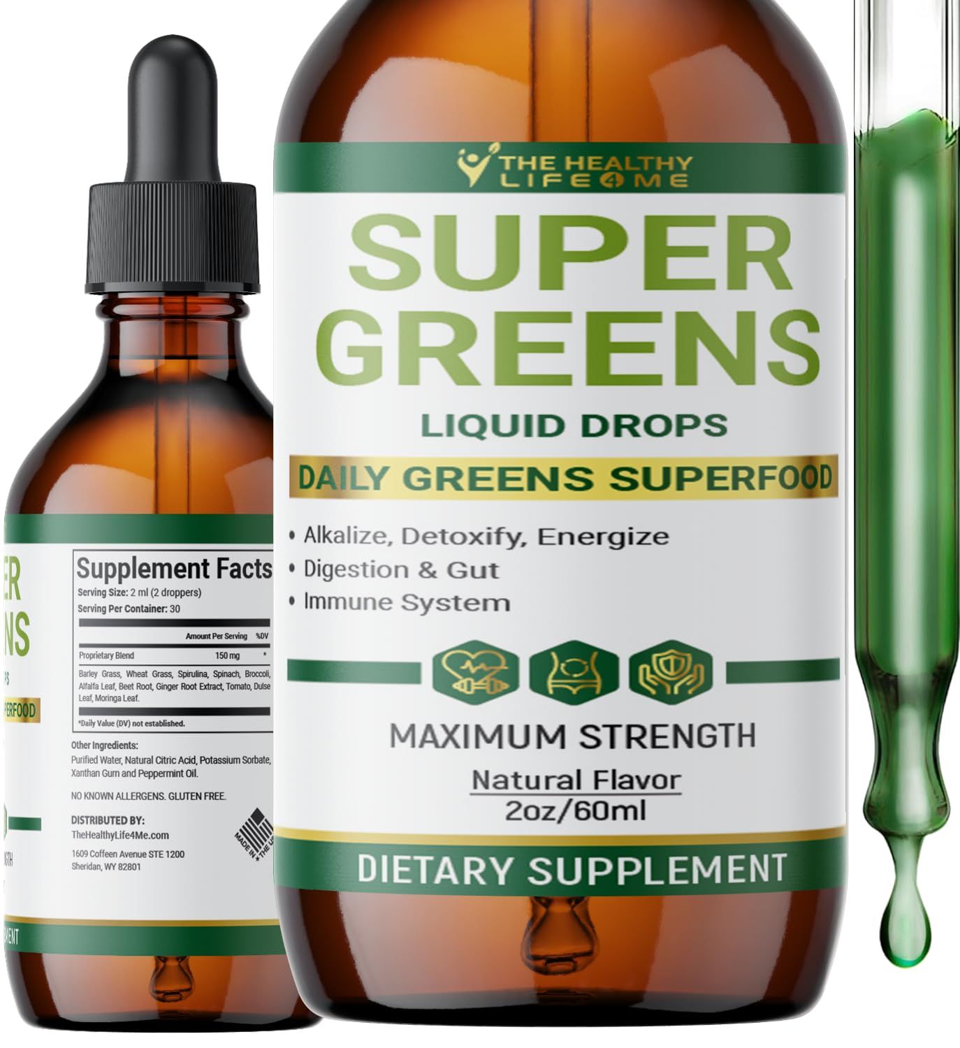 Liquid Super Greens Drops Powerful Antioxidants Immune Support Digestive Health Peppermint Flavor by The Healthy Life for Me 2oz - 30 Day Supply
