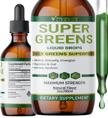 Liquid Super Greens Drops Powerful Antioxidants Immune Support Digestive Health Peppermint Flavor by The Healthy Life for Me 2oz - 30 Day Supply