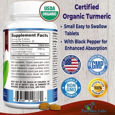 YUMMYVITE Organic Turmeric - 2100mg USDA Organic Turmeric Curcumin with Black Pepper, Vegan - 60 Tablets