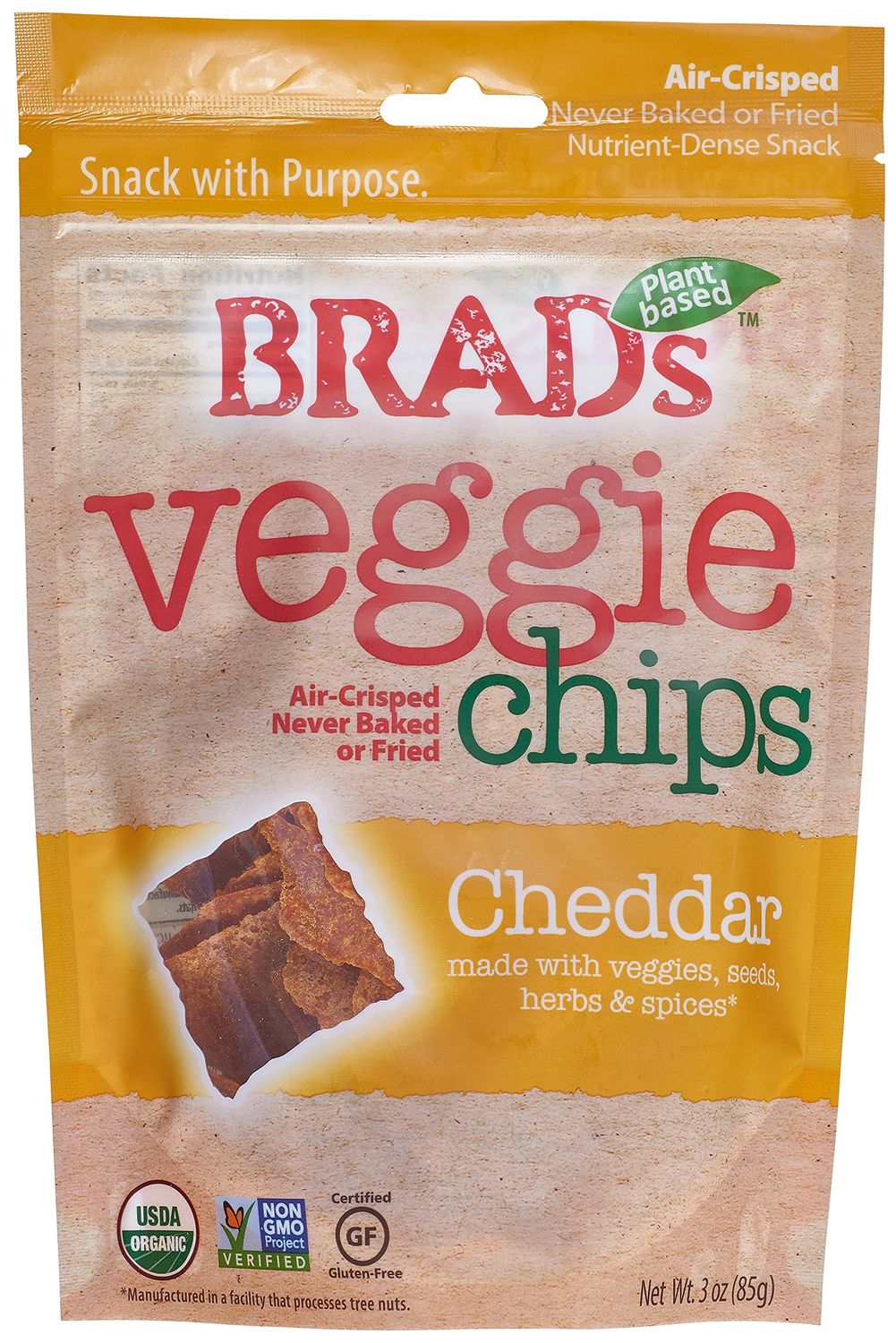 Brad&#39;s Plant Based, USDA Organic, Gluten Free, Veggie Chips, Cheddar, 3 Ounce (4 Count) (Packaging may vary)