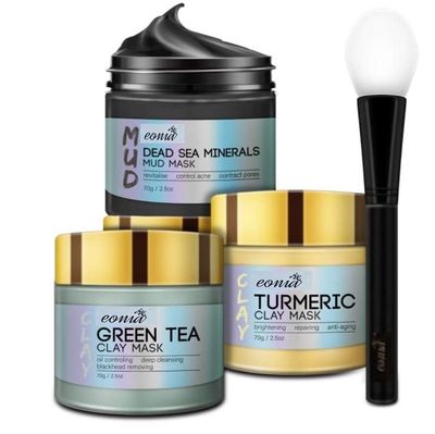 Eonia Turmeric Clay Mask - Green Tea Detox Clay Mask - Dead Sea Minerals Mud Mask, Spa Facial Mask Set, 2.5 oz each