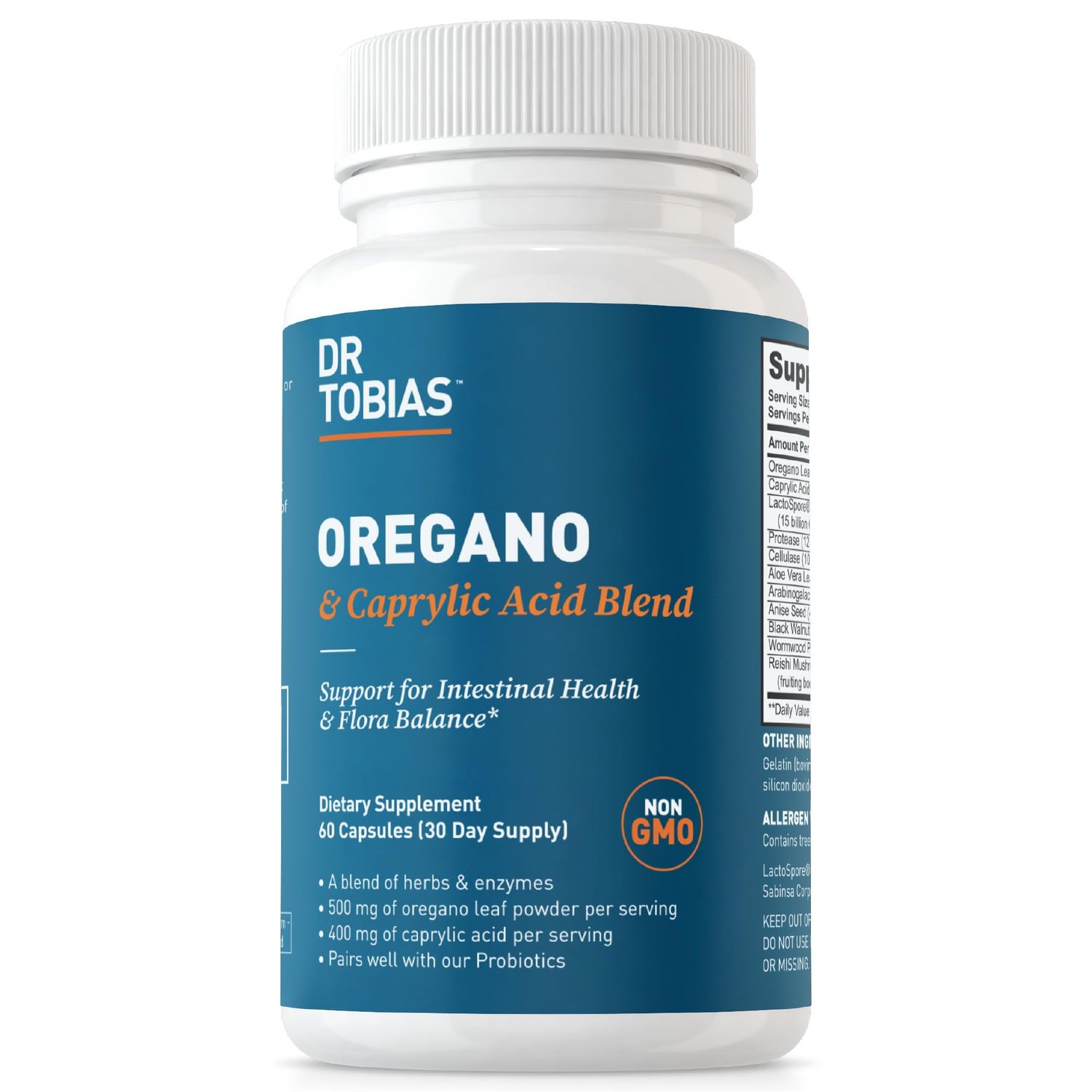 Dr. Tobias Oregano and Caprylic Acid Blend, Gut Flora Balance Complex with Probiotics Enzymes for Intestinal and Immune Support, Gut Health Supplements for Women Men, 60 Capsules, 30 Servings