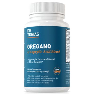 Dr. Tobias Oregano and Caprylic Acid Blend, Gut Flora Balance Complex with Probiotics Enzymes for Intestinal and Immune Support, Gut Health Supplements for Women Men, 60 Capsules, 30 Servings