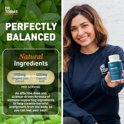 Dr. Tobias Oregano and Caprylic Acid Blend, Gut Flora Balance Complex with Probiotics Enzymes for Intestinal and Immune Support, Gut Health Supplements for Women Men, 60 Capsules, 30 Servings