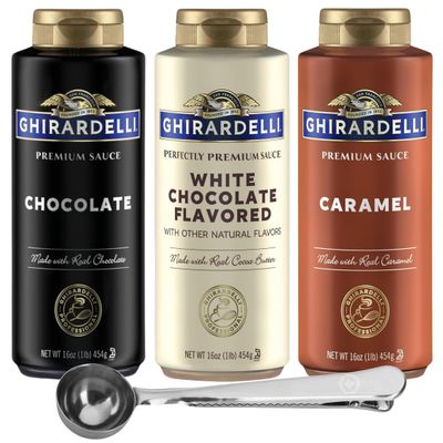 Flavored Sauce Trio - Chocolate, Caramel White Chocolate, 16 oz Bottles (3-Pack) with Direct Coffee Tea Est 2019 Spoon